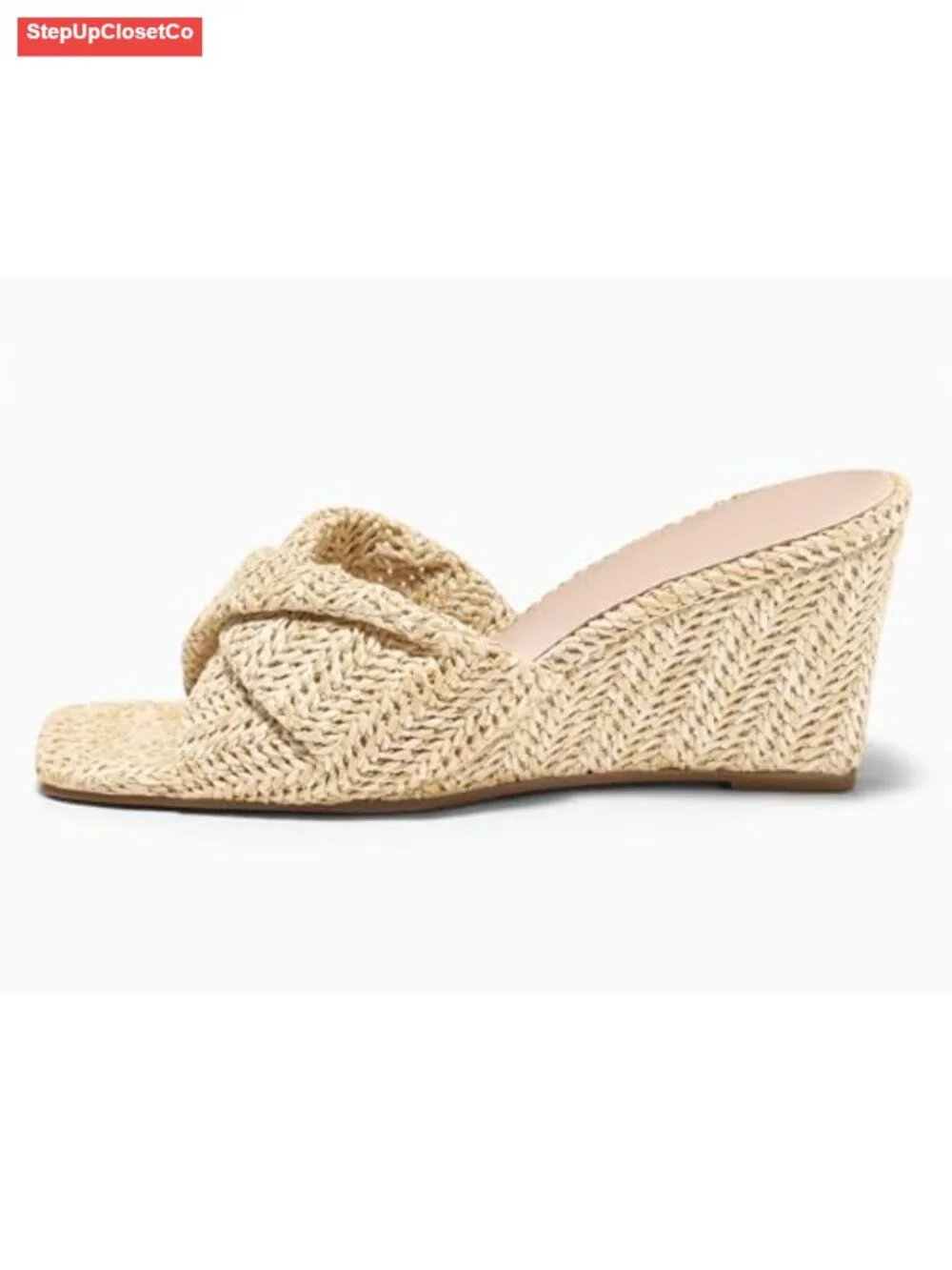 Women's Square Open Toe Wedge Sandals Espadrilles Raffia Bow Slip On Slides